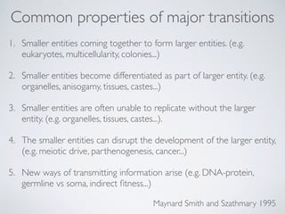 Common properties of major transitions
1. Smaller entities coming together to form larger entities. (e.g.
eukaryotes, mult...