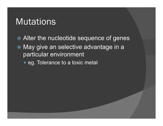 MutationsMutations
Alter the nucleotide sequence of genesAlter the nucleotide sequence of genes
May give an selective advantage in a
particular environmentparticular environment
eg. Tolerance to a toxic metal
 