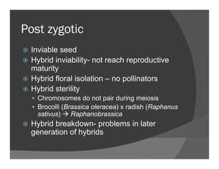Post zygoticPost zygotic
Inviable seed
Hybrid inviability- not reach reproductive
maturity
Hybrid floral isolation – no pollinators
Hybrid sterility
Chromosomes do not pair during meiosis
Brocolli (Brassica oleracea) x radish (Raphanus
sativus) Raphanobrassica) p
Hybrid breakdown- problems in later
generation of hybrids
 