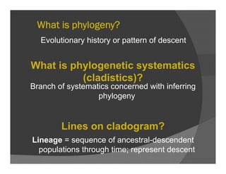 What is phylogeny?
Evolutionary history or pattern of descent
What is phylogenetic systematics
(cladistics)?(cladistics)?
Branch of systematics concerned with inferring
phylogenyphylogeny
Lines on cladogram?
Lineage = sequence of ancestral-descendentLineage sequence of ancestral descendent
populations through time; represent descent
 