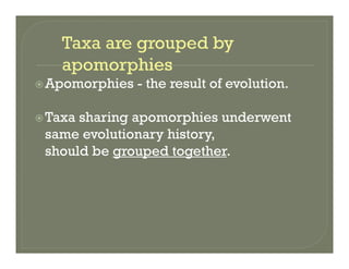 Apomorphies the result of evolutionApomorphies - the result of evolution.
Taxa sharing apomorphies underwentTaxa sharing apomorphies underwent
same evolutionary history,
should be grouped togethershould be grouped together.
 