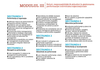 SECȚIUNEA 1
Performanța și organizația
n definirea noțiunii de performanță din
perspectiva actorilor implicați
n probleme care pot apărea dacă
performanța nu este bine gestionată
n definirea noțiunii de management al
performanței
n conexiunea dintre managementul
performanței și strategia organizației
n rolul sistemului de management al
performanței ca instrument de
management
n beneficiarii și beneficiile unui sistem
de management al performanței
n o abordare integrată: Balanced
Scorecard
SECȚIUNEA 2
Managerii și performanța
n rolul managerilor în sistemul de
management al performanței
n rolul specialistului HR în consilierea
managerilor
n dezvoltarea de abilități necesare
pentru a gestiona performanța
n impactul stilurilor de management
asupra performanței angajaților
n conflictul manager/specialist
n analizarea competențelor de
coordonator de oameni și sarcini
specifice
n dobândirea de competențe care să
asigure managerului gestionarea cu
încredere a performanței angajaților
SECȚIUNEA 3
Motivarea
n rolul motivării în atingerea unei
performanțe superioare
n influențarea climatului motivațional
n modalități de motivare subordonați
SECȚIUNEA 4
Obiectivele de performanță
n cum măsurăm performanța: criterii,
obiective și standarde
n cum stabilim obiective de
performanță
n tipuri de obiective
n cum stabilim și gestionăm așteptările
angajaților
SECȚIUNEA 5
Măsurarea performanței
n evaluarea performanței și planul de
dezvoltare personală
n interviul de evaluare: pregătire,
derulare, oferirea de feedback
n role play: interviul de evaluare.
Exersarea abilităților de comunicare
eficace, ascultare, punere de întrebări,
acordare de feedback constructiv
n modelul valorii în dezvoltare și cum
știm că dezvoltarea este una de succes
SECȚIUNEA 6
Performanța și recompensele
n identificarea motivelor de slabă
performanță și gestionarea slabei
performanțe
n legătura sistemului de management
al performanței cu sistemul de
recompense
MODULUL III
Roluri, responsabilități & atitudini în gestionarea
performanței individuale/organizaționale
 