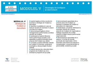 MODULUL V Strategia de învățare
și dezvoltare
n explică legătura dintre nevoile din
business și strategia de învățare și
dezvoltare
n identifică modalități prin care să
traducă nevoile din business în acțiuni
concrete de învățare
n demonstrează legătura dintre
managementul performanței și analiza
nevoilor de învățare
n analizează și explică diferența
dintre performanța actuală și cea
așteptată și justifică diversele soluții
propuse (de învățare sau altele)
n numește și explică diferitele metode
de învățare în business, evidențiind
avantajele și dezavantajele fiecărei
metode
n explică decizia de a dezvolta intern
programe de învățare sau de a
achiziționa programe de pe piață
n demonstrează capacitatea de a
proiecta planul de învățare ca
expresie a strategiei de învățare și
dezvoltare din organizație
n dobândește cunoștințe referitoare la
diversele metode de a evalua
acțiunile de învățare din organizație și
înțelege importanța de a arăta
impactul învățării asupra performanței
organizaționale.
n demonstrează capacitatea de a
selecta, în funcție de nevoile
punctuale ale organizației, dintre
diversele instrumente de evaluare a
competențelor, comportamentelor și
personalității, existente pe piață
MODULUL V
Strategia de
învățare și
dezvoltare
Evolutiv
Human
Resources
program
acreditat
2 zile
12 ore
www.evolutivconsultants.ro www.facebook/EVOLUTIV
 