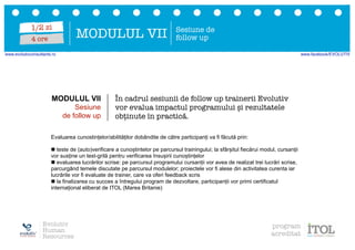 Evaluarea cunostințelor/abilităților dobândite de către participanți va fi făcută prin:
n teste de (auto)verificare a cunoștintelor pe parcursul trainingului; la sfârșitul fiecărui modul, cursanții
vor susține un test-grilă pentru verificarea însușirii cunoștințelor
n evaluarea lucrărilor scrise: pe parcursul programului cursanții vor avea de realizat trei lucrări scrise,
parcurgând temele discutate pe parcursul modulelor; proiectele vor fi alese din activitatea curenta iar
lucrările vor fi evaluate de trainer, care va oferi feedback scris
n la finalizarea cu succes a întregului program de dezvoltare, participanții vor primi certificatul
internațional eliberat de ITOL (Marea Britanie)
MODULUL VII Sesiune de
follow up
În cadrul sesiunii de follow up trainerii Evolutiv
vor evalua impactul programului și rezultatele
obținute în practică.
MODULUL VII
Sesiune
de follow up
Evolutiv
Human
Resources
program
acreditat
1/2 zi
4 ore
www.evolutivconsultants.ro www.facebook/EVOLUTIV
 