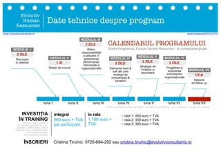 Evolutiv
Human
Resources
Date tehnice despre program
luna II luna III luna IV luna V luna VI luna VIIluna I
2 ZILE
MODULUL I
Recrutare
și selecție
Roluri,
responsabilități
și atitudini în
gestionarea
performanței
individuale și
organizaționale
2 ZILE
MODULUL III
2 ZILE
MODULUL IV
Elemente hard &
soft ale unei
strategii de
compensații &
beneficii
2 ZILE
MODULUL V
Strategia de
învățare și
dezvoltare
1 ZI
MODULUL II
Relații de muncă
2 ZILE
MODULUL VI
Pregătirea și
susținerea
schimbărilor
organizaționale
1/2 zi
MODULUL VII
Sesiune
de follow up
CALENDARUL PROGRAMULUI
Acest calendar poate fi ajustat în funcție de solicitările - și cu acordul - grupei de cursanți.
Startul Programului Evolutiv Human Resources - la completarea grupei
n rata 1: 450 euro + TVA
n rata 2: 350 euro + TVA
n rata 3: 300 euro + TVA
INVESTIȚIA
ÎN TRAINING
integral
960 euro + TVA
per participant
în rate
1.100 euro +
TVASumele includ serviciile
de training, pachetul de curs,
logistica, coffee-break-urile și
masa de prânz a participanților
(nu include costurile
de transport și cazare)
ÎNSCRIERI Cristina Țirulnic: 0726-684-282 sau cristina.tirulnic@evolutivconsultants.ro
www.evolutivconsultants.ro www.facebook/EVOLUTIV
 