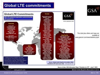 Global LTE commitments




                                                                                 This chart plus others and maps are
                                                                                                          available at
                                                                               www.gsacom.com/news/statistics.php4




                                                Source of data: GSA Information Paper “Evolution to LTE” – June 7, 2010
                   www.gsacom.com                                        Global mobile Suppliers Association © 2010

Evolution to LTE - an overview (June 7, 2010)                                                              Slide no. 17/39
 