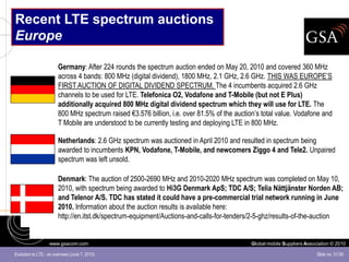 Recent LTE spectrum auctions
Europe

                        Germany: After 224 rounds the spectrum auction ended on May 20, 2010 and covered 360 MHz
                        across 4 bands: 800 MHz (digital dividend), 1800 MHz, 2.1 GHz, 2.6 GHz. THIS WAS EUROPE’S
                        FIRST AUCTION OF DIGITAL DIVIDEND SPECTRUM. The 4 incumbents acquired 2.6 GHz
                        channels to be used for LTE. Telefonica O2, Vodafone and T-Mobile (but not E Plus)
                        additionally acquired 800 MHz digital dividend spectrum which they will use for LTE. The
                        800 MHz spectrum raised €3.576 billion, i.e. over 81.5% of the auction’s total value. Vodafone and
                        T Mobile are understood to be currently testing and deploying LTE in 800 MHz.

                        Netherlands: 2.6 GHz spectrum was auctioned in April 2010 and resulted in spectrum being
                        awarded to incumbents KPN, Vodafone, T-Mobile, and newcomers Ziggo 4 and Tele2. Unpaired
                        spectrum was left unsold.

                        Denmark: The auction of 2500-2690 MHz and 2010-2020 MHz spectrum was completed on May 10,
                        2010, with spectrum being awarded to Hi3G Denmark ApS; TDC A/S; Telia Nättjänster Norden AB;
                        and Telenor A/S. TDC has stated it could have a pre-commercial trial network running in June
                        2010. Information about the auction results is available here:
                        http://en.itst.dk/spectrum-equipment/Auctions-and-calls-for-tenders/2-5-ghz/results-of-the-auction


                   www.gsacom.com                                                            Global mobile Suppliers Association © 2010

Evolution to LTE - an overview (June 7, 2010)                                                                             Slide no. 31/39
 