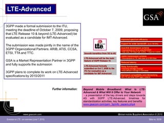 LTE-Advanced

3GPP made a formal submission to the ITU,
meeting the deadline of October 7, 2009, proposing
that LTE Release 10 & beyond (LTE-Advanced) be
evaluated as a candidate for IMT-Advanced.

The submission was made jointly in the name of the
3GPP Organizational Partners: ARIB, ATIS, CCSA,
ETSI, TTA and TTC.

GSA is a Market Representation Partner in 3GPP
and fully supports the submssion

3GPP plans to complete its work on LTE-Advanced
specifications by 2010/2011



                                                Further information:




                   www.gsacom.com                                      Global mobile Suppliers Association © 2010

Evolution to LTE - an overview (June 7, 2010)                                                       Slide no. 35/39
 