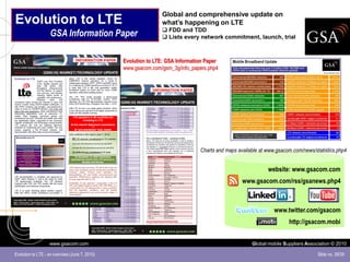 Global and comprehensive update on
Evolution to LTE                                                what’s happening on LTE
                                                                 FDD and TDD
                   GSA Information Paper                         Lists every network commitment, launch, trial



                                                Evolution to LTE: GSA Information Paper
                                                www.gsacom.com/gsm_3g/info_papers.php4




                                                                               Charts and maps available at www.gsacom.com/news/statistics.php4


                                                                                                            website: www.gsacom.com
                                                                                                 www.gsacom.com/rss/gsanews.php4



                                                                                                               www.twitter.com/gsacom
                                                                                                                     http://gsacom.mobi


                   www.gsacom.com                                                                    Global mobile Suppliers Association © 2010

Evolution to LTE - an overview (June 7, 2010)                                                                                     Slide no. 39/39
 