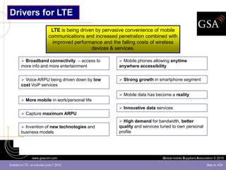 Drivers for LTE
                                  LTE is being driven by pervasive convenience of mobile
                                 communications and increased penetration combined with
                                   improved performance and the falling costs of wireless
                                                    devices & services.

           Broadband connectivity – access to                  Mobile phones allowing anytime
          more info and more entertainment                     anywhere accessibility


           Voice ARPU being driven down by low                 Strong growth in smartphone segment
          cost VoiP services

                                                                Mobile data has become a reality
           More mobile in work/personal life
                                                                Innovative data services
           Capture maximum ARPU
                                                                High demand for bandwidth, better
           Invention of new technologies and                  quality and services tuned to own personal
          business models                                      profile




                   www.gsacom.com                                                   Global mobile Suppliers Association © 2010

Evolution to LTE - an overview (June 7, 2010)                                                                     Slide no. 4/39
 