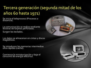 Tercera generación (segunda mitad de los años 60 hasta 1971)Se inicia el teleproceso (Procesos a distancia).La comunicación se realiza mediante lectoras de tarjetas perforadas.Surgen los teclados.Los datos se almacenan en cintas y discos magnéticos.Se introducen las memorias intermedias ultra rápidas (caché).Comienza la miniaturización y baja el consumo de energía eléctrica.