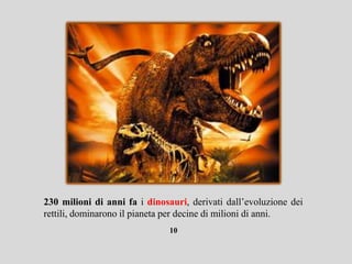 230 milioni di anni fa i dinosauri, derivati dall’evoluzione dei
rettili, dominarono il pianeta per decine di milioni di anni.
                               10
 
