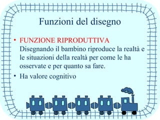 Funzioni del disegno
• FUNZIONE RIPRODUTTIVA
Disegnando il bambino riproduce la realtà e
le situazioni della realtà per come le ha
osservate e per quanto sa fare.
• Ha valore cognitivo
 