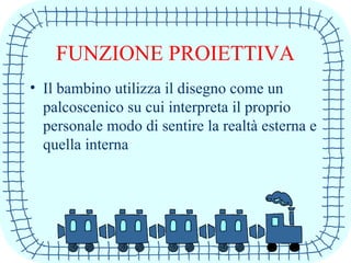 FUNZIONE PROIETTIVA
• Il bambino utilizza il disegno come un
palcoscenico su cui interpreta il proprio
personale modo di sentire la realtà esterna e
quella interna
 