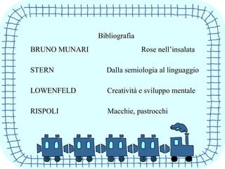 Bibliografia
BRUNO MUNARI Rose nell’insalata
STERN Dalla semiologia al linguaggio
LOWENFELD Creatività e sviluppo mentale
RISPOLI Macchie, pastrocchi
 