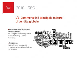 2010 - OGGI 
L’E-Commerce è il principale motore 
di vendita globale 
• Evoluzione delle Strategie di 
visibilità sul web: 
SEO - Digital Advertising - Social 
media marketing - e-mail 
marketing 
• Responsive: 
I siti web sono sempre più 
progettati, sviluppati e ottimizzati 
per il mobile 
 