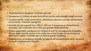 Australopiteco
• Australopiteco dal greco ‘scimmia del sud’
• Comparso 4,2 milioni di anni fa in Africa primo nella famiglia degli ominidi
• Caratteristiche: volto scimmiesco, dentatura robusta e arcata sopracciliare
prominente, mascella sporgente
• Animali piccoli e gracili tra i 120 e i 150 cm. È presente un dismorfismo
sessuale, con il maschio due volte più grande della femmina
• Pollice opponibile comparso 3,2 milioni di anni fa conseguente probabile
all’uso degli utensili anche se la conferma arriverà solo con la comparsa
dell’homo habilis. Cervello pari al 35% di quello moderno
• Possedevano un’andatura bipede, in seguito all’avanzamento della savana a
causa di cambiamenti climatici
 