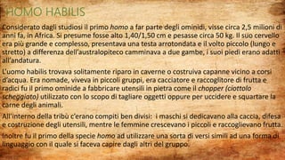 HOMO HABILIS
Considerato dagli studiosi il primo homo a far parte degli ominidi, visse circa 2,5 milioni di
anni fa, in Africa. Si presume fosse alto 1,40/1,50 cm e pesasse circa 50 kg. Il suo cervello
era più grande e complesso, presentava una testa arrotondata e il volto piccolo (lungo e
stretto) a differenza dell’australopiteco camminava a due gambe, i suoi piedi erano adatti
all’andatura.
L’uomo habilis trovava solitamente riparo in caverne o costruiva capanne vicino a corsi
d’acqua. Era nomade, viveva in piccoli gruppi, era cacciatore e raccoglitore di frutta e
radici fu il primo ominide a fabbricare utensili in pietra come il chopper (ciottolo
scheggiato) utilizzato con lo scopo di tagliare oggetti oppure per uccidere e squartare la
carne degli animali.
All’interno della tribù c’erano compiti ben divisi: i maschi si dedicavano alla caccia, difesa
e costruzione degli utensili, mentre le femmine crescevano i piccoli e raccoglievano frutta.
Inoltre fu il primo della specie homo ad utilizzare una sorta di versi simili ad una forma di
linguaggio con il quale si faceva capire dagli altri del gruppo.
 