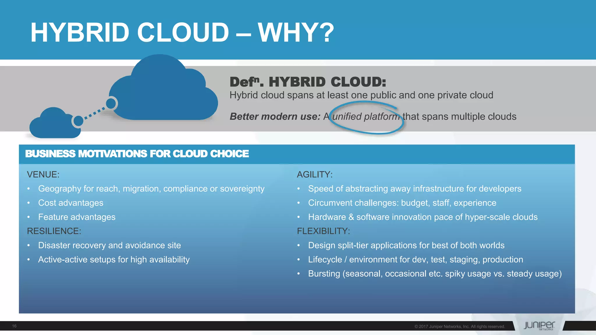 BUSINESS MOTIVATIONS FOR CLOUD CHOICE
Defn. HYBRID CLOUD:
Hybrid cloud spans at least one public and one private cloud
Better modern use: A unified platform that spans multiple clouds
HYBRID CLOUD – WHY?
VENUE:
• Geography for reach, migration, compliance or sovereignty
• Cost advantages
• Feature advantages
RESILIENCE:
• Disaster recovery and avoidance site
• Active-active setups for high availability
AGILITY:
• Speed of abstracting away infrastructure for developers
• Circumvent challenges: budget, staff, experience
• Hardware & software innovation pace of hyper-scale clouds
FLEXIBILITY:
• Design split-tier applications for best of both worlds
• Lifecycle / environment for dev, test, staging, production
• Bursting (seasonal, occasional etc. spiky usage vs. steady usage)
 