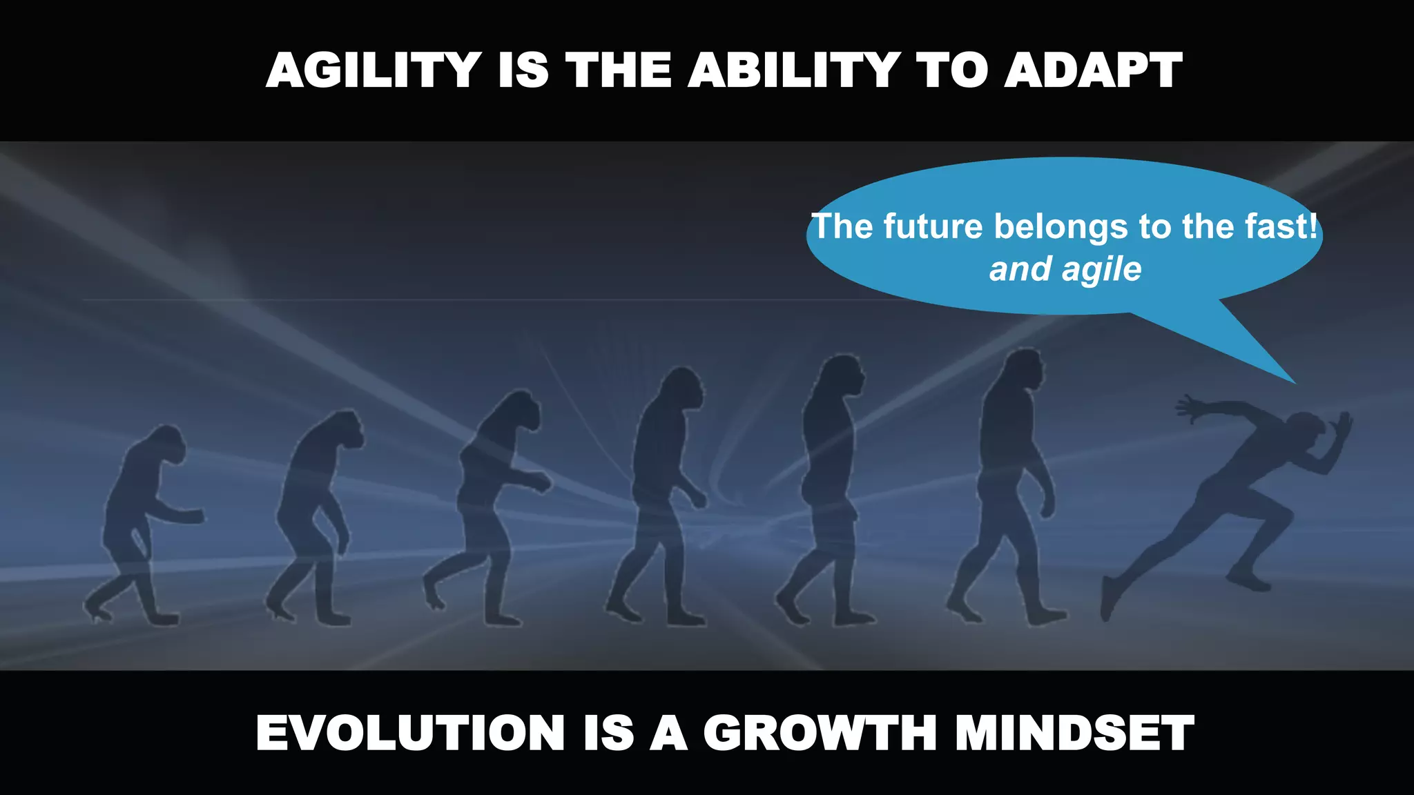 EVOLUTION IS A GROWTH MINDSET
AGILITY IS THE ABILITY TO ADAPT
The future belongs to the fast!
and agile
 