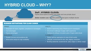 BUSINESS MOTIVATIONS FOR CLOUD CHOICE
Defn. HYBRID CLOUD:
Hybrid cloud spans at least one public and one private cloud
Better modern use: A unified platform that spans multiple clouds
HYBRID CLOUD – WHY?
VENUE:
• Geography for reach, migration, compliance or sovereignty
• Cost advantages
• Feature advantages
RESILIENCE:
• Disaster recovery and avoidance site
• Active-active setups for high availability
AGILITY:
• Speed of abstracting away infrastructure for developers
• Circumvent challenges: budget, staff, experience
• Hardware & software innovation pace of hyper-scale clouds
FLEXIBILITY:
• Design split-tier applications for best of both worlds
• Lifecycle / environment for dev, test, staging, production
• Bursting (seasonal, occasional etc. spiky usage vs. steady usage)
 
