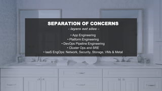 SEPARATION OF CONCERNS
- layers not silos –
• App Engineering
• Platform Engineering
• DevOps Pipeline Engineering
• Cluster Ops and SRE
• IaaS EngOps: Network, Security, Storage, VMs & Metal
 
