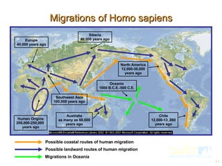 Migrations of Homo sapiens Possible coastal routes of human migration Possible landward routes of human migration Migrations in Oceania Human Origins 200,000-250,000  years ago Southwest Asia 100,000 years ago Europe 40,000 years ago Siberia 40,000 years ago Australia as many as 60,000 years ago North America 12,000-30,000 years ago Oceania 1600 B.C.E.-500 C.E. Chile 12,000-13 ,000 years ago 