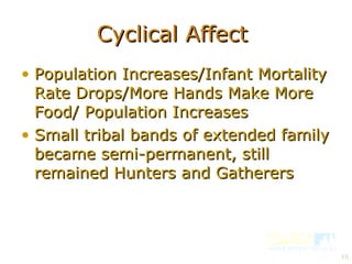Cyclical Affect  Population Increases/Infant Mortality Rate Drops/More Hands Make More Food/ Population Increases Small tribal bands of extended family became semi-permanent, still remained Hunters and Gatherers 