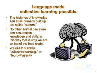 Language made  collective learning possible. The histories of knowledge and skills humans built up are called “culture.” No other animal can store and accumulate knowledge and skills in this way that is why we are on top of the food chain. We call this ability  “collective learning.” or Neuro-Plasticity  
