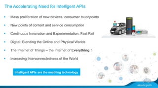 The Accelerating Need for Intelligent APIs 
 Mass proliferation of new devices, consumer touchpoints 
 New points of content and service consumption 
 Continuous Innovation and Experimentation, Fast Fail 
 Digital: Blending the Online and Physical Worlds 
 The Internet of Things – the Internet of Everything ! 
 Increasing Interconnectedness of the World 
Intelligent APIs are the enabling technology 
 