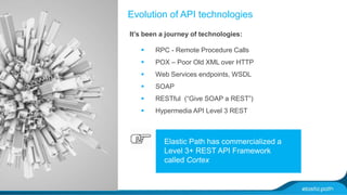 Evolution of API technologies 
It’s been a journey of technologies: 
 RPC - Remote Procedure Calls 
 POX – Poor Old XML over HTTP 
 Web Services endpoints, WSDL 
 SOAP 
 RESTful (“Give SOAP a REST”) 
 Hypermedia API Level 3 REST 
Elastic Path has commercialized a 
Level 3+ REST API Framework 
called Cortex 
 