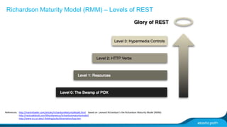 Richardson Maturity Model (RMM) – Levels of REST 
References: http://martinfowler.com/articles/richardsonMaturityModel.html based on Leonard Richardson’s the Richardson Maturity Model (RMM) 
http://restcookbook.com/Miscellaneous/richardsonmaturitymodel/ 
http://www.ics.uci.edu/~fielding/pubs/dissertation/top.htm 
 