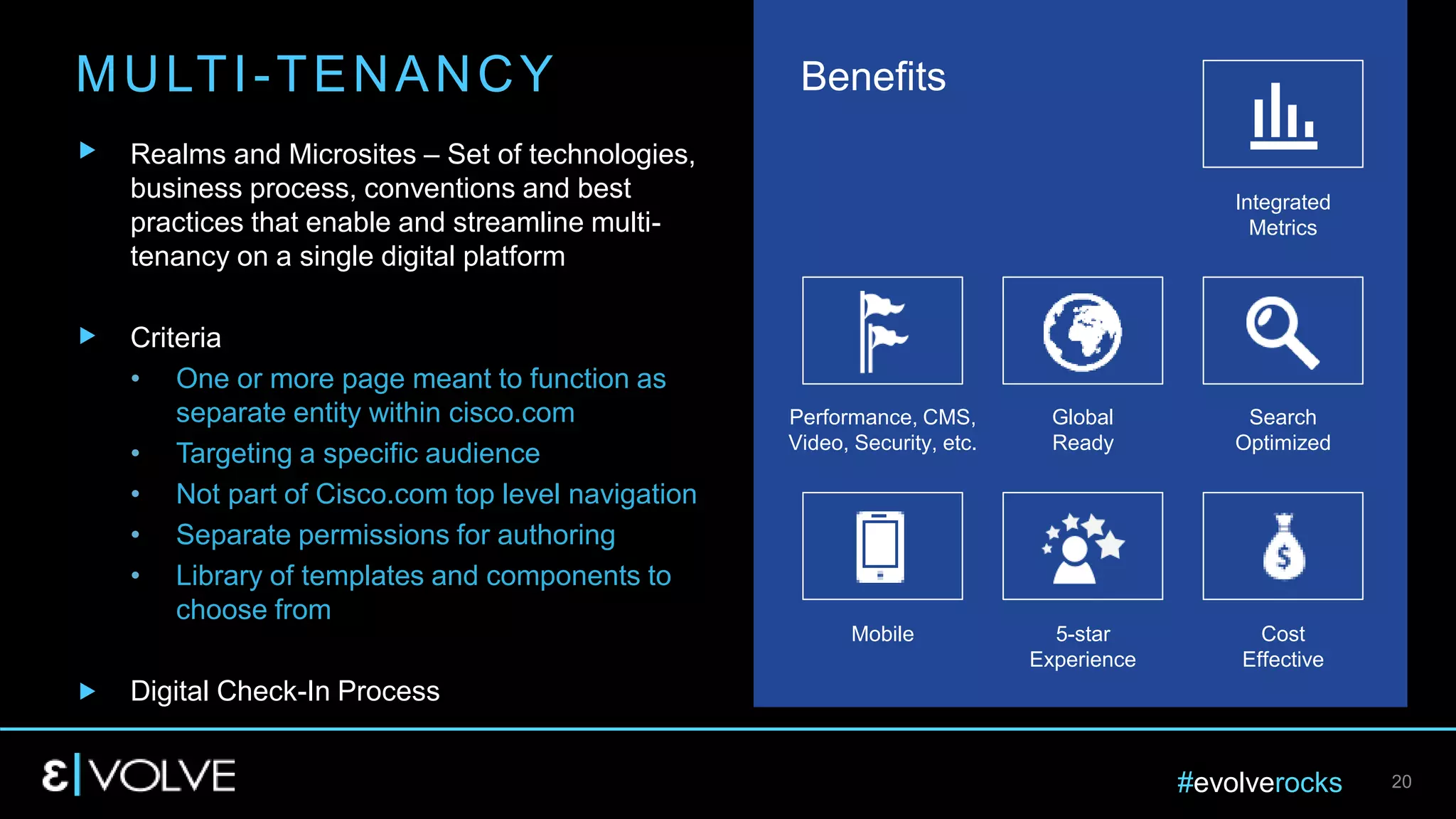 #evolverocks 20
MULTI-TENANCY
Realms and Microsites – Set of technologies,
business process, conventions and best
practices that enable and streamline multi-
tenancy on a single digital platform
Criteria
• One or more page meant to function as
separate entity within cisco.com
• Targeting a specific audience
• Not part of Cisco.com top level navigation
• Separate permissions for authoring
• Library of templates and components to
choose from
Digital Check-In Process
Benefits
Performance, CMS,
Video, Security, etc.
Global
Ready
Search
Optimized
Mobile 5-star
Experience
Cost
Effective
Integrated
Metrics
 