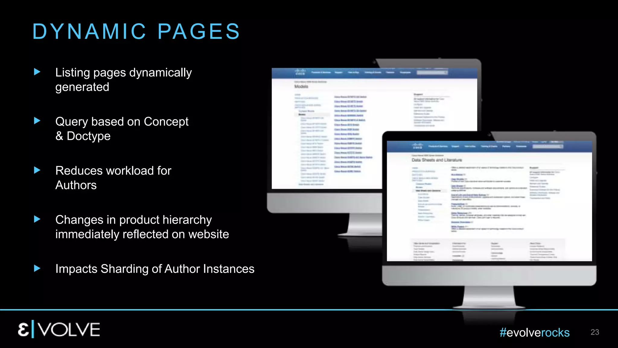 #evolverocks 23
DYNAMIC PAGES
Listing pages dynamically
generated
Query based on Concept
& Doctype
Reduces workload for
Authors
Changes in product hierarchy
immediately reflected on website
Impacts Sharding of Author Instances
 