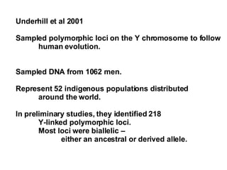Underhill et al 2001 Sampled polymorphic loci on the Y chromosome to follow human evolution. Sampled DNA from 1062 men.  Represent 52 indigenous populations distributed  around the world. In preliminary studies, they identified 218  Y-linked polymorphic loci.  Most loci were biallelic –  either an ancestral or derived allele. 