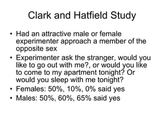 Clark and Hatfield Study Had an attractive male or female experimenter approach a member of the opposite sex Experimenter ask the stranger, would you like to go out with me?, or would you like to come to my apartment tonight? Or would you sleep with me tonight? Females: 50%, 10%, 0% said yes Males: 50%, 60%, 65% said yes 