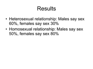 Results Heterosexual relationship: Males say sex 60%, females say sex 30% Homosexual relationship: Males say sex 50%, females say sex 80% 