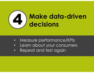 Make data-driven
decisions
• Measure performance/KPIs
• Learn about your consumers
• Repeat and test again
 
