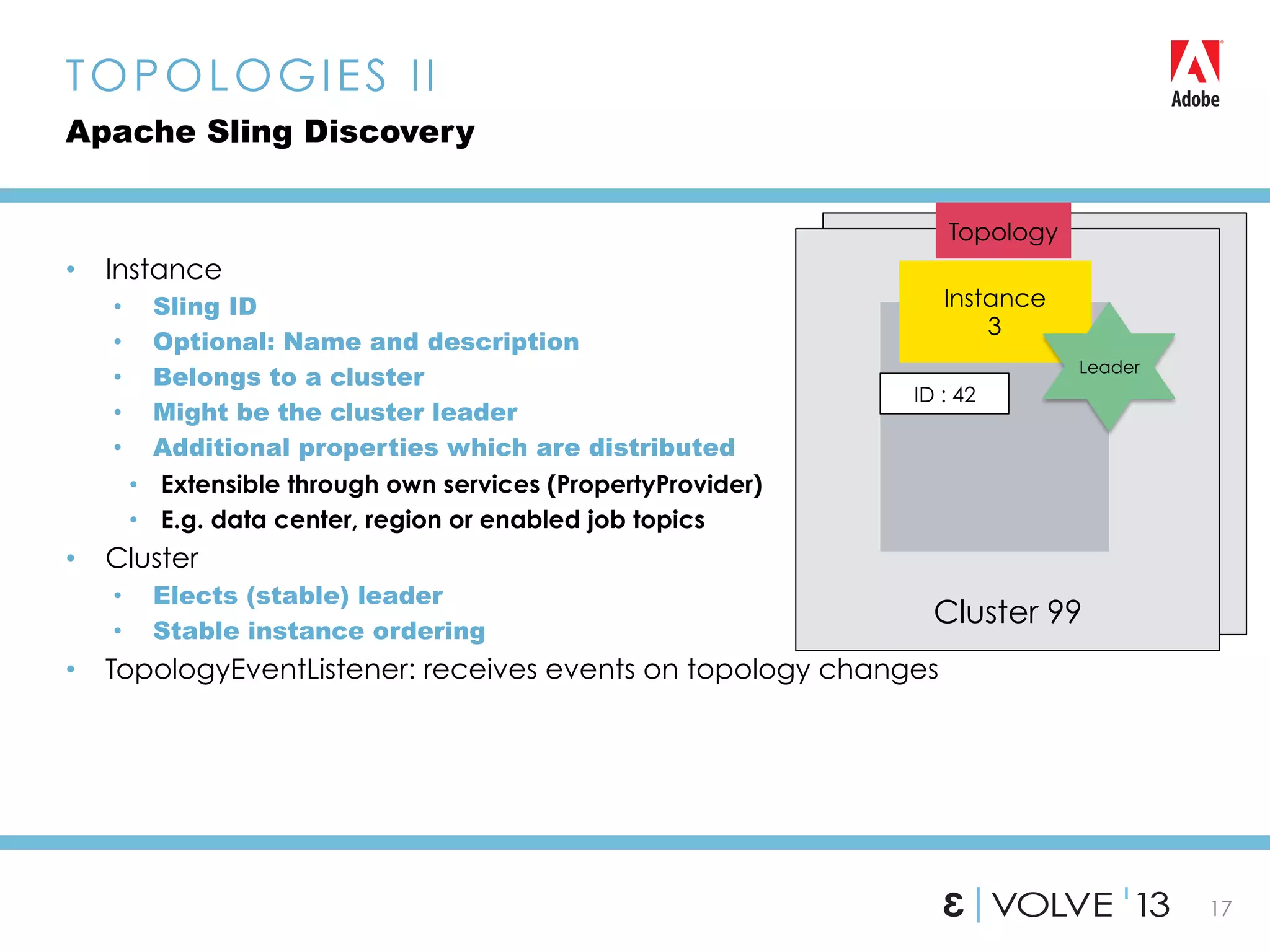 Cluster 99
17
•  Instance
•  Sling ID
•  Optional: Name and description
•  Belongs to a cluster
•  Might be the cluster leader
•  Additional properties which are distributed
•  Extensible through own services (PropertyProvider)
•  E.g. data center, region or enabled job topics
•  Cluster
•  Elects (stable) leader
•  Stable instance ordering
•  TopologyEventListener: receives events on topology changes
TOPOLOGIES II
Apache Sling Discovery
ID : 42
Instance
3
Topology
Leader
 
