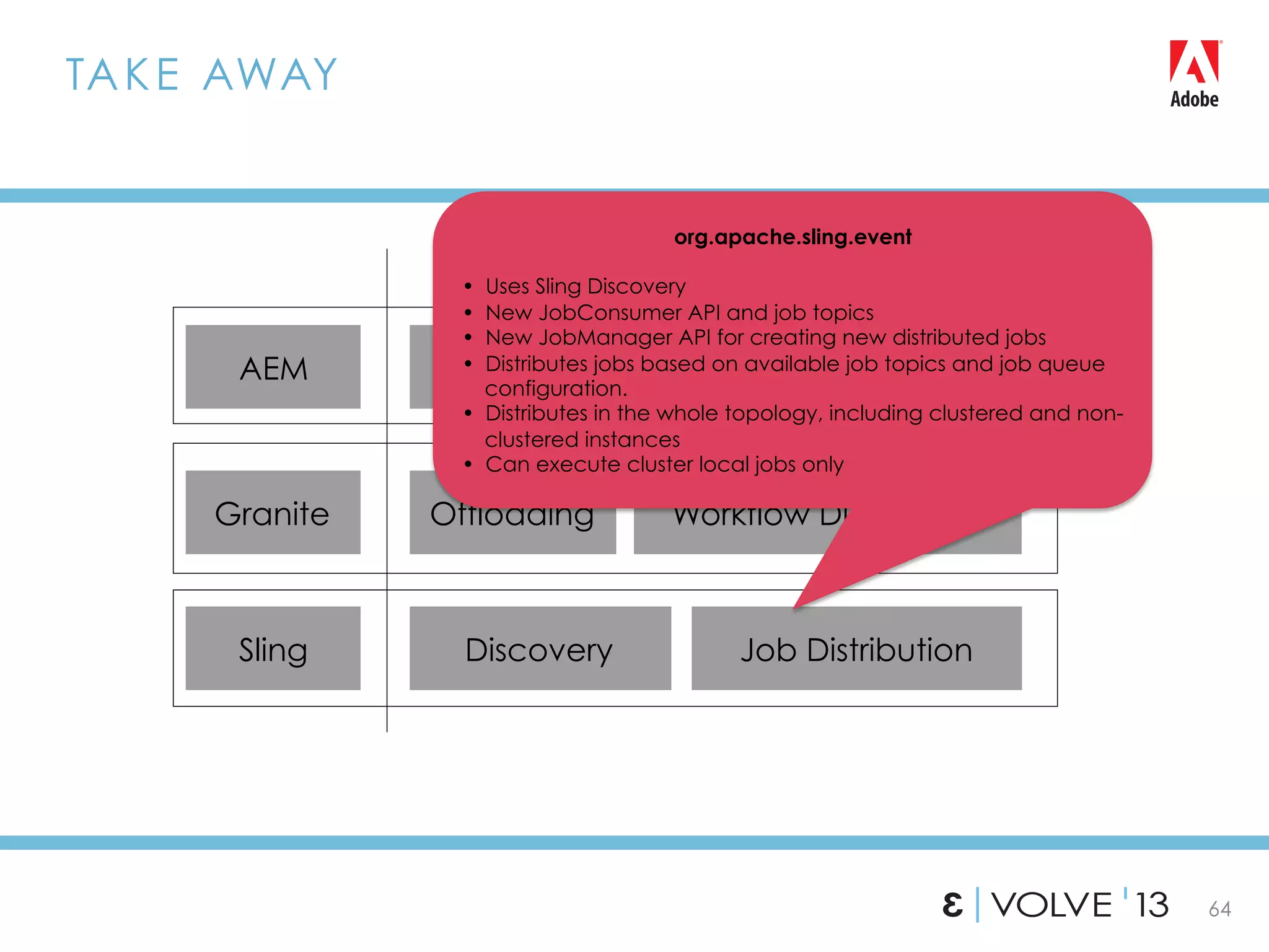 64
TAKE AWAY
Discovery
Offloading Workflow Distribution
DAM Ingestion
Sling
Granite
AEM
Job Distribution
org.apache.sling.event
•  Uses Sling Discovery
•  New JobConsumer API and job topics
•  New JobManager API for creating new distributed jobs
•  Distributes jobs based on available job topics and job queue
configuration.
•  Distributes in the whole topology, including clustered and non-
clustered instances
•  Can execute cluster local jobs only
 