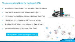 The Accelerating Need for Intelligent APIs 
§ Mass proliferation of new devices, consumer touchpoints! 
§ New points of content and service consumption! 
§ Continuous Innovation and Experimentation, Fast Fail# 
§ Digital: Blending the Online and Physical Worlds# 
§ The Internet of Things – the Internet of Everything !! 
§ Increasing Interconnectedness of the World # 
# 
Intelligent APIs are the enabling technology! 
 