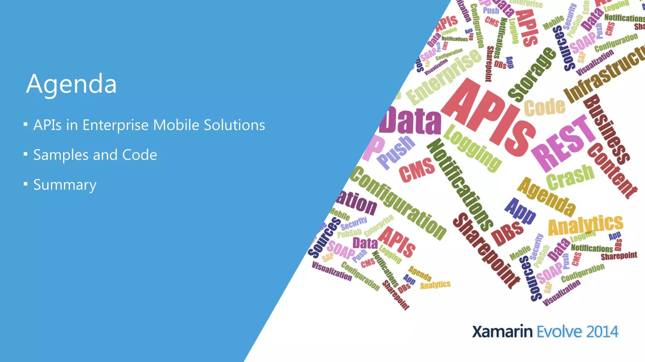 Agenda 
■ APIs in Enterprise Mobile Solutions 
■ Samples and Code 
■ Summary 
 