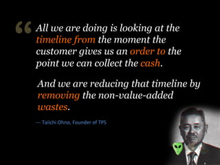 And we are reducing that timeline by
removing the non-value-added
wastes.
-­‐-­‐-­‐	
  Taiichi	
  Ohno,	
  Founder	
  of	
  TPS	
  
“All we are doing is looking at the
timeline from the moment the
customer gives us an order to the
point we can collect the cash.
 