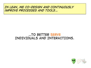 …TO BETTER SERVE
INDIVIDUALS AND INTERACTIONS.
In lean, we co-design and continuously
improve processes and tools…
 