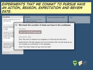 experiments that we Commit to pursue have
an action, reason, expectation and Review
date.
 