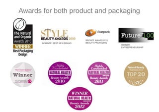 Awards for both product and packaging
NOMINEE: BEST NEW BRAND
WINNER:
ENTREPRENEURSHIP
BRONZE AWARD 2010
BEAUTY PACKAGING
 