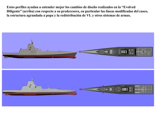 Estos perfiles ayudan a entender mejor los cambios de diseño realizados en la “Evolved Diligente” (arriba) con respecto a su predecesora, en particular las líneas modificadas del casco, la estructura agrandada a popa y la redistribución de VL y otros sistemas de armas. 