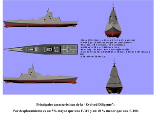 Principales características de la “Evolved Diligente”: Por desplazamiento es un 5% mayor que una F-310 y un 10 % menor que una F-100. 