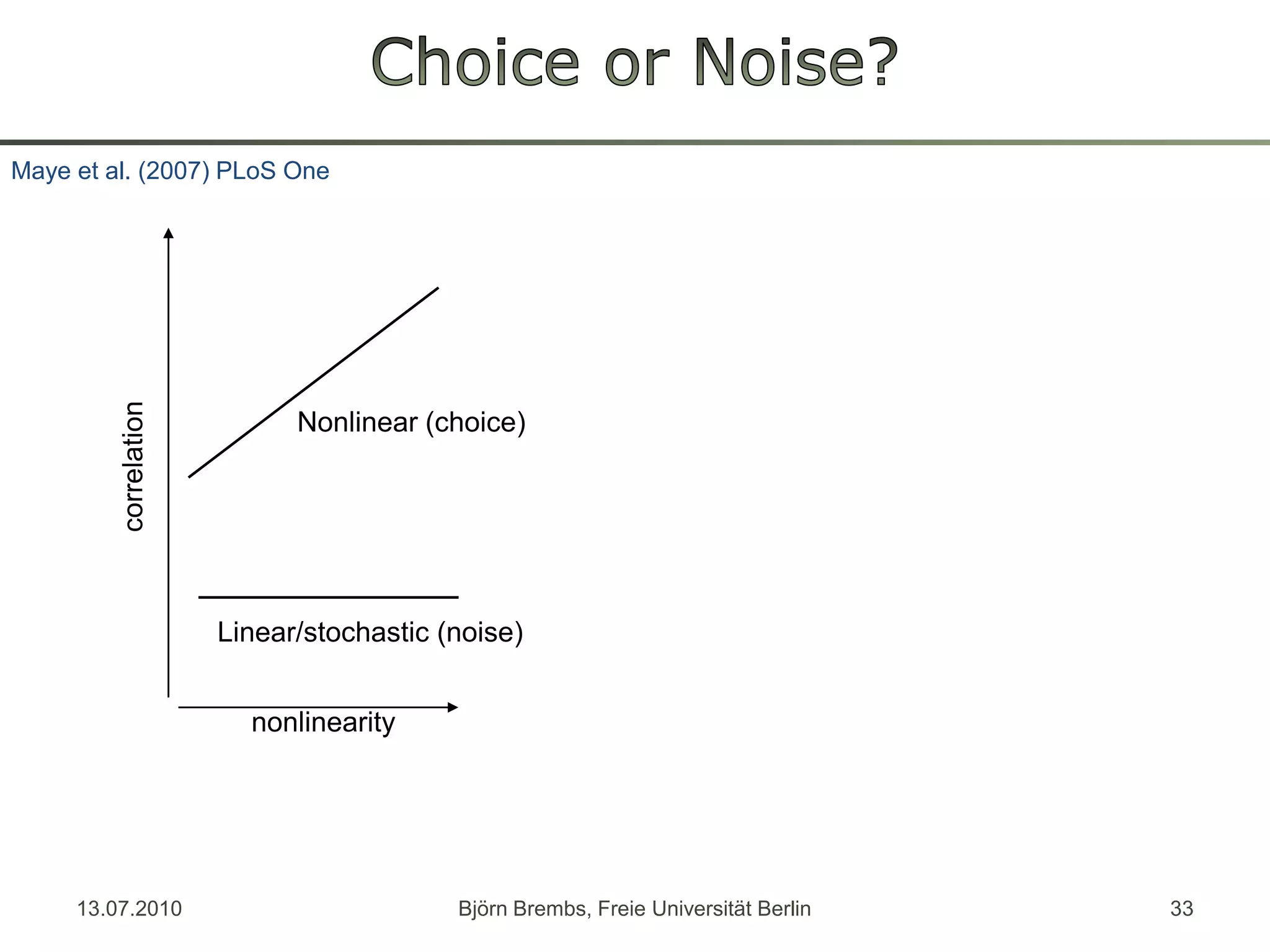 Choice or Noise?13.07.2010Björn Brembs, Freie Universität Berlin33correlationnonlinearityMaye et al. (2007) PLoSOneNonlinear (choice)Linear/stochastic (noise)