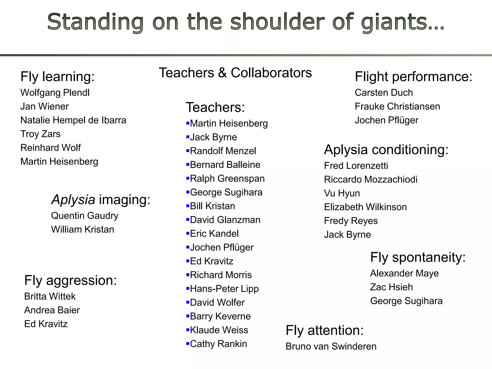 Standing on the shoulder of giants…Teachers & CollaboratorsFlight performance:Carsten DuchFrauke ChristiansenJochen PflügerFly learning:Wolfgang PlendlJan WienerNatalie Hempel de IbarraTroy ZarsReinhard WolfMartin HeisenbergTeachers:Martin Heisenberg